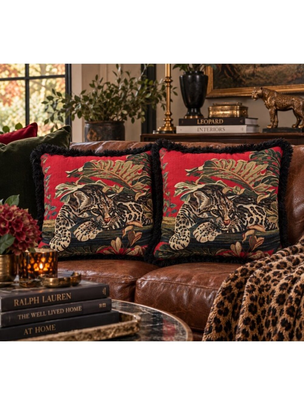 Ashford Court Ocelot Wild Cat Tapestry Throw Pillows Set of 2 18” Safari Fringe